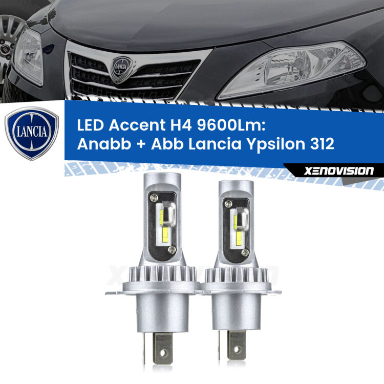 Anabbaglianti LED H4 9600Lm per Lancia Ypsilon II 312 2011 in poi <strong>Kit LED per anabbaglianti + abbaglianti Ypsilon</strong> II 312 2011 in poi.</strong> Coppia lampade <strong>H4</strong> doppia intensità senza ventola e ultracompatte per installazioni in fari senza spazi.