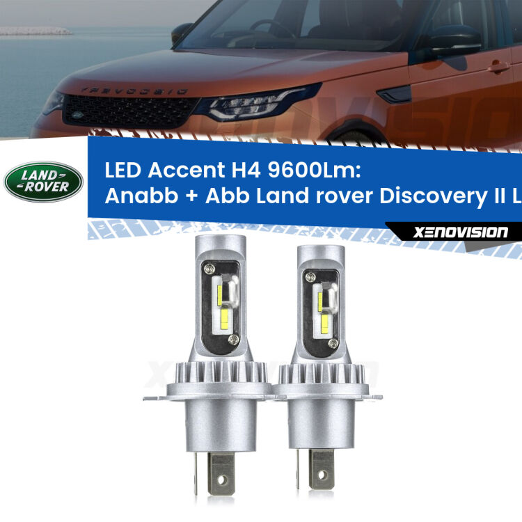 Anabbaglianti LED H4 9600Lm per Land rover Discovery II L318 prima serie <strong>Kit LED per anabbaglianti + abbaglianti Discovery II</strong> L318 prima serie.</strong> Coppia lampade <strong>H4</strong> doppia intensità senza ventola e ultracompatte per installazioni in fari senza spazi.