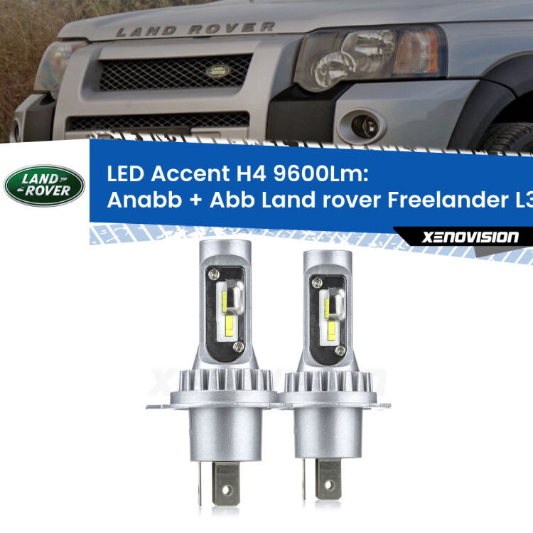 Anabbaglianti LED H4 9600Lm per Land rover Freelander L314 a parabola singola <strong>Kit LED per anabbaglianti + abbaglianti Freelander</strong> L314 a parabola singola.</strong> Coppia lampade <strong>H4</strong> doppia intensità senza ventola e ultracompatte per installazioni in fari senza spazi.