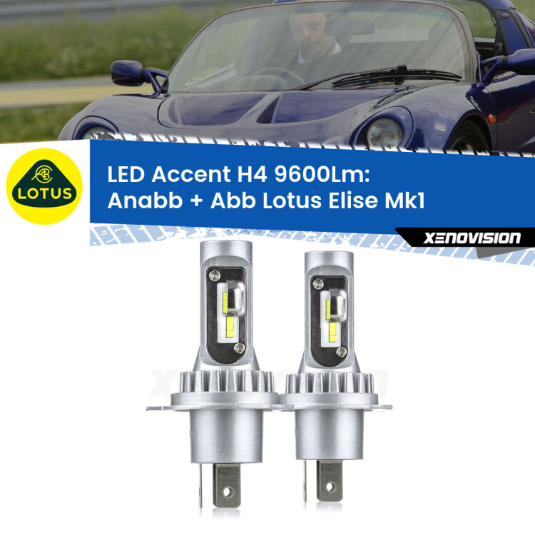 Anabbaglianti LED H4 9600Lm per Lotus Elise Mk1 1996 - 2009 <strong>Kit LED per anabbaglianti + abbaglianti Elise</strong> Mk1 1996 - 2009.</strong> Coppia lampade <strong>H4</strong> doppia intensità senza ventola e ultracompatte per installazioni in fari senza spazi.