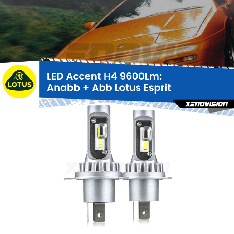 Anabbaglianti LED H4 9600Lm per Lotus Esprit 1989 - 2003 <strong>Kit LED per anabbaglianti + abbaglianti Esprit</strong> 1989 - 2003.</strong> Coppia lampade <strong>H4</strong> doppia intensità senza ventola e ultracompatte per installazioni in fari senza spazi.