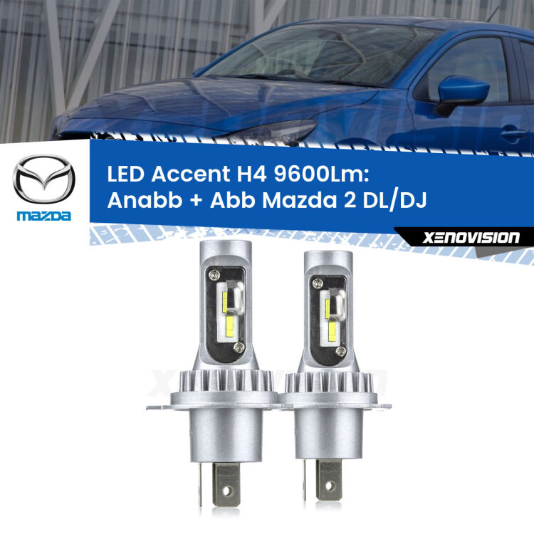 Anabbaglianti LED H4 9600Lm per Mazda 2 DL/DJ 2014 - 2018 <strong>Kit LED per anabbaglianti + abbaglianti 2</strong> DL/DJ 2014 - 2018.</strong> Coppia lampade <strong>H4</strong> doppia intensità senza ventola e ultracompatte per installazioni in fari senza spazi.