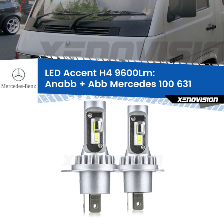 Anabbaglianti LED H4 9600Lm per Mercedes 100 631 1988 - 1996 <strong>Kit LED per anabbaglianti + abbaglianti 100</strong> 631 1988 - 1996.</strong> Coppia lampade <strong>H4</strong> doppia intensità senza ventola e ultracompatte per installazioni in fari senza spazi.