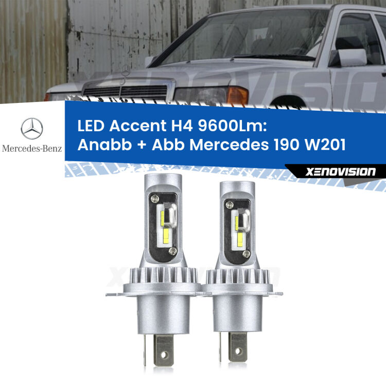Anabbaglianti LED H4 9600Lm per Mercedes 190 W201 1982 - 1993 <strong>Kit LED per anabbaglianti + abbaglianti 190</strong> W201 1982 - 1993.</strong> Coppia lampade <strong>H4</strong> doppia intensità senza ventola e ultracompatte per installazioni in fari senza spazi.