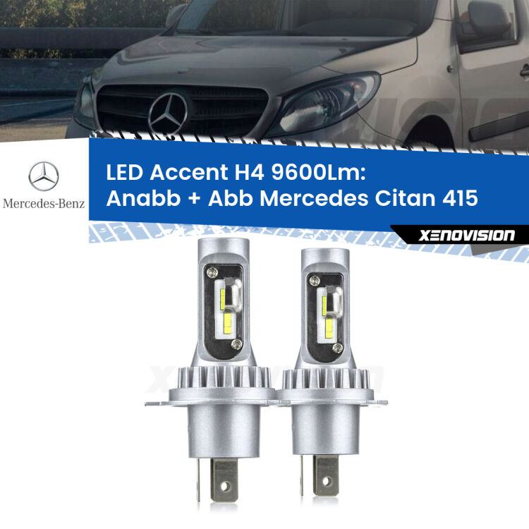 Anabbaglianti LED H4 9600Lm per Mercedes Citan 415 2012 in poi <strong>Kit LED per anabbaglianti + abbaglianti Citan</strong> 415 2012 in poi.</strong> Coppia lampade <strong>H4</strong> doppia intensità senza ventola e ultracompatte per installazioni in fari senza spazi.