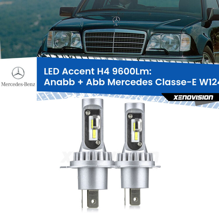 Anabbaglianti LED H4 9600Lm per Mercedes Classe-E W124 1993 - 1995 <strong>Kit LED per anabbaglianti + abbaglianti Classe-E</strong> W124 1993 - 1995.</strong> Coppia lampade <strong>H4</strong> doppia intensità senza ventola e ultracompatte per installazioni in fari senza spazi.