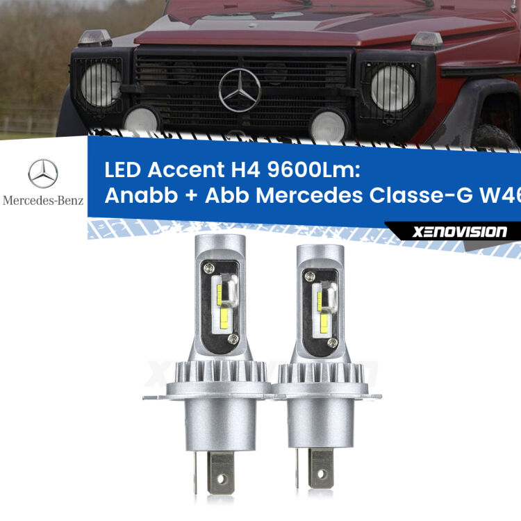 Anabbaglianti LED H4 9600Lm per Mercedes Classe-G W461 1990 - 2000 <strong>Kit LED per anabbaglianti + abbaglianti Classe-G</strong> W461 1990 - 2000.</strong> Coppia lampade <strong>H4</strong> doppia intensità senza ventola e ultracompatte per installazioni in fari senza spazi.