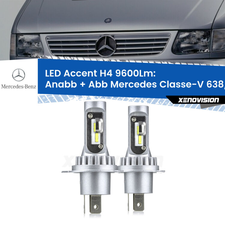 Anabbaglianti LED H4 9600Lm per Mercedes Classe-V 638/2 1996 - 2003 <strong>Kit LED per anabbaglianti + abbaglianti Classe-V</strong> 638/2 1996 - 2003.</strong> Coppia lampade <strong>H4</strong> doppia intensità senza ventola e ultracompatte per installazioni in fari senza spazi.