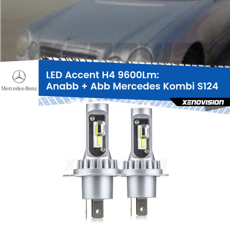 Anabbaglianti LED H4 9600Lm per Mercedes Kombi S124 1985 - 1993 <strong>Kit LED per anabbaglianti + abbaglianti Kombi</strong> S124 1985 - 1993.</strong> Coppia lampade <strong>H4</strong> doppia intensità senza ventola e ultracompatte per installazioni in fari senza spazi.
