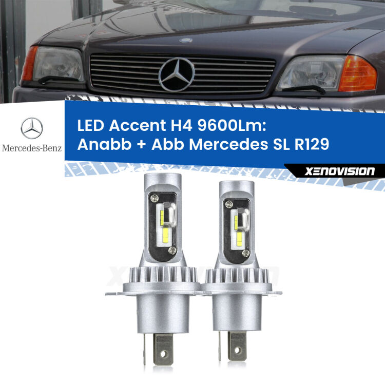 Anabbaglianti LED H4 9600Lm per Mercedes SL R129 1989 - 2001 <strong>Kit LED per anabbaglianti + abbaglianti SL</strong> R129 1989 - 2001.</strong> Coppia lampade <strong>H4</strong> doppia intensità senza ventola e ultracompatte per installazioni in fari senza spazi.