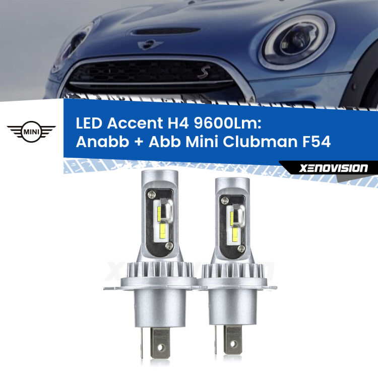 Anabbaglianti LED H4 9600Lm per Mini Clubman F54 2014 - 2019 <strong>Kit LED per anabbaglianti + abbaglianti Clubman</strong> F54 2014 - 2019.</strong> Coppia lampade <strong>H4</strong> doppia intensità senza ventola e ultracompatte per installazioni in fari senza spazi.