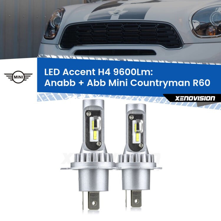Anabbaglianti LED H4 9600Lm per Mini Countryman R60 2010 - 2016 <strong>Kit LED per anabbaglianti + abbaglianti Countryman</strong> R60 2010 - 2016.</strong> Coppia lampade <strong>H4</strong> doppia intensità senza ventola e ultracompatte per installazioni in fari senza spazi.