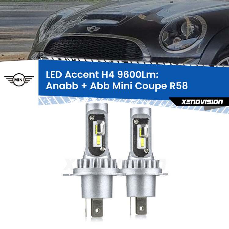 Anabbaglianti LED H4 9600Lm per Mini Coupe R58 2011 - 2015 <strong>Kit LED per anabbaglianti + abbaglianti Coupe</strong> R58 2011 - 2015.</strong> Coppia lampade <strong>H4</strong> doppia intensità senza ventola e ultracompatte per installazioni in fari senza spazi.