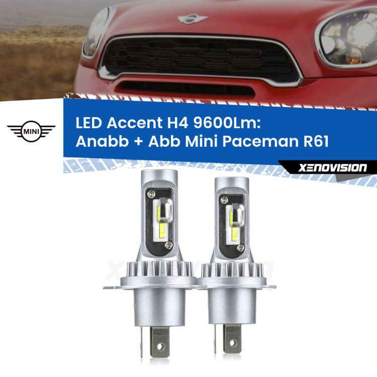 Anabbaglianti LED H4 9600Lm per Mini Paceman R61 2012 - 2016 <strong>Kit LED per anabbaglianti + abbaglianti Paceman</strong> R61 2012 - 2016.</strong> Coppia lampade <strong>H4</strong> doppia intensità senza ventola e ultracompatte per installazioni in fari senza spazi.