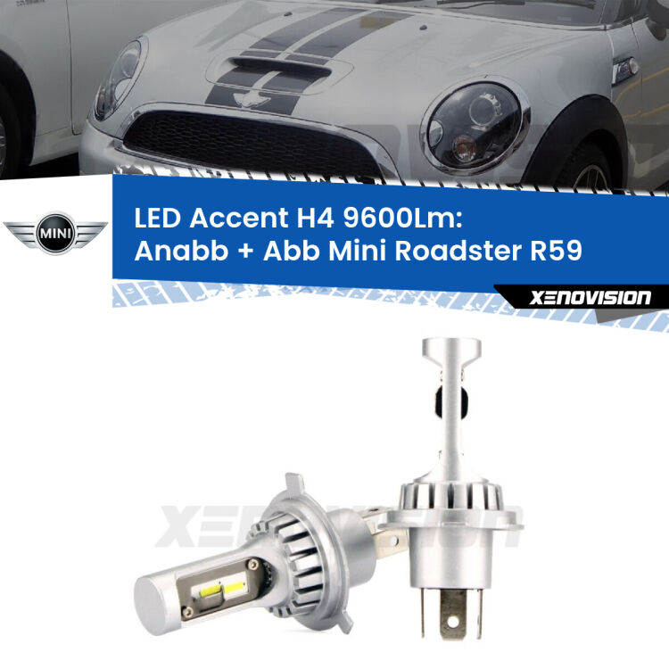 <strong>Kit LED per anabbaglianti + abbaglianti Roadster</strong> R59 2012 - 2015.</strong> Coppia lampade <strong>H4</strong> doppia intensità senza ventola e ultracompatte per installazioni in fari senza spazi.