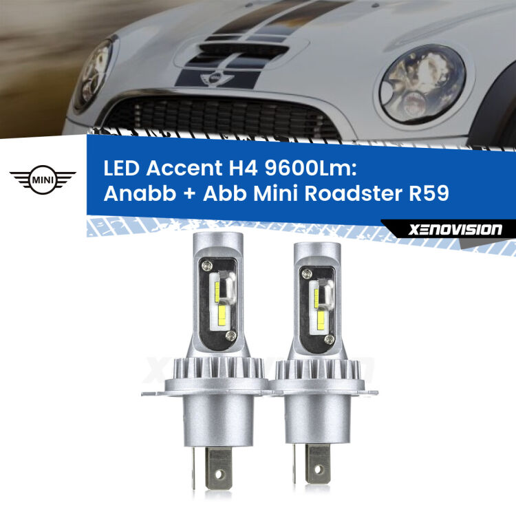 Anabbaglianti LED H4 9600Lm per Mini Roadster R59 2012 - 2015 <strong>Kit LED per anabbaglianti + abbaglianti Roadster</strong> R59 2012 - 2015.</strong> Coppia lampade <strong>H4</strong> doppia intensità senza ventola e ultracompatte per installazioni in fari senza spazi.