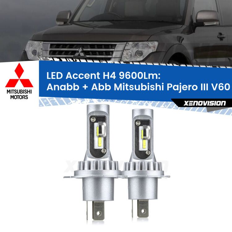 Anabbaglianti LED H4 9600Lm per Mitsubishi Pajero III V60 2000 - 2007 <strong>Kit LED per anabbaglianti + abbaglianti Pajero III</strong> V60 2000 - 2007.</strong> Coppia lampade <strong>H4</strong> doppia intensità senza ventola e ultracompatte per installazioni in fari senza spazi.