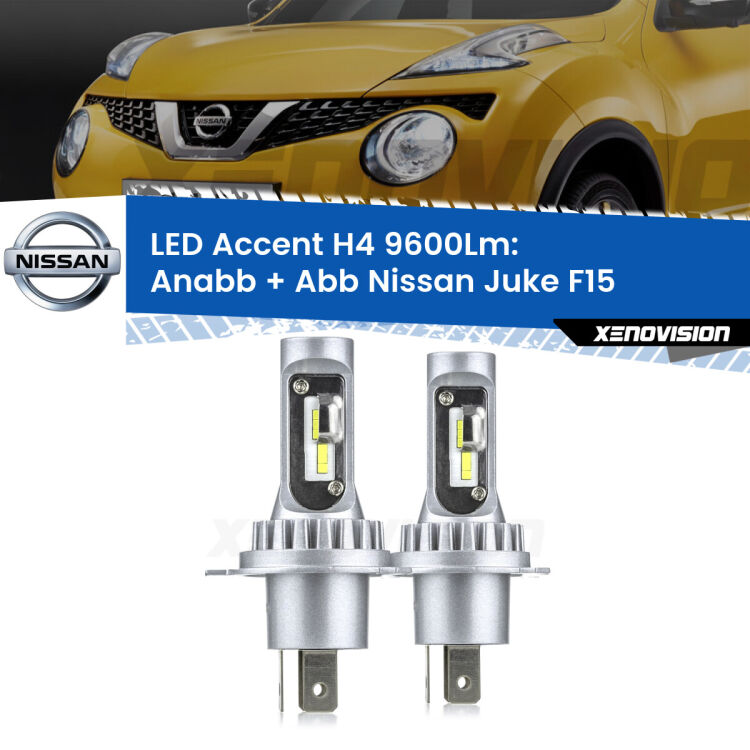 Anabbaglianti LED H4 9600Lm per Nissan Juke F15 2010 - 2014 <strong>Kit LED per anabbaglianti + abbaglianti Juke</strong> F15 2010 - 2014.</strong> Coppia lampade <strong>H4</strong> doppia intensità senza ventola e ultracompatte per installazioni in fari senza spazi.