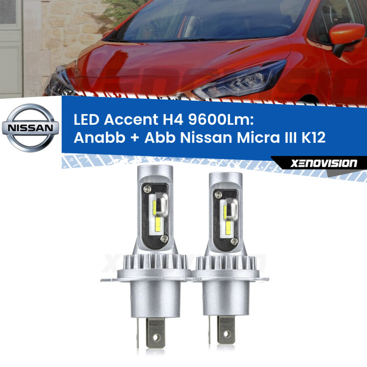Anabbaglianti LED H4 9600Lm per Nissan Micra III K12 2002 - 2010 <strong>Kit LED per anabbaglianti + abbaglianti Micra III</strong> K12 2002 - 2010.</strong> Coppia lampade <strong>H4</strong> doppia intensità senza ventola e ultracompatte per installazioni in fari senza spazi.
