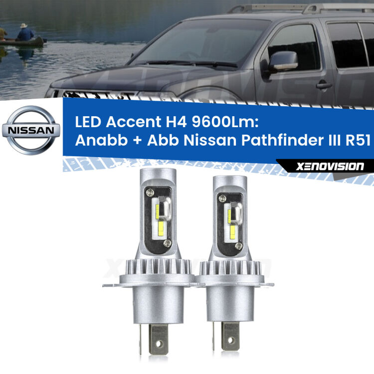 0 Anabbaglianti LED H4 9600Lm per Nissan Pathfinder III R51 2005 - 2011 <strong>Kit LED per anabbaglianti + abbaglianti Pathfinder III</strong> R51 2005 - 2011.</strong> Coppia lampade <strong>H4</strong> doppia intensità senza ventola e ultracompatte per installazioni in fari senza spazi.