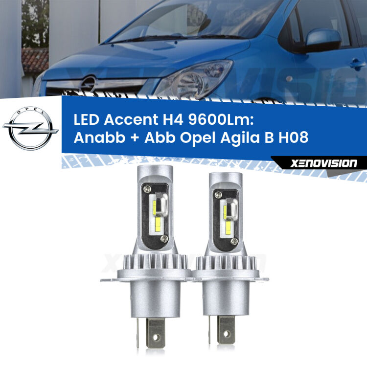 Anabbaglianti LED H4 9600Lm per Opel Agila B H08 2008 - 2014 <strong>Kit LED per anabbaglianti + abbaglianti Agila B</strong> H08 2008 - 2014.</strong> Coppia lampade <strong>H4</strong> doppia intensità senza ventola e ultracompatte per installazioni in fari senza spazi.