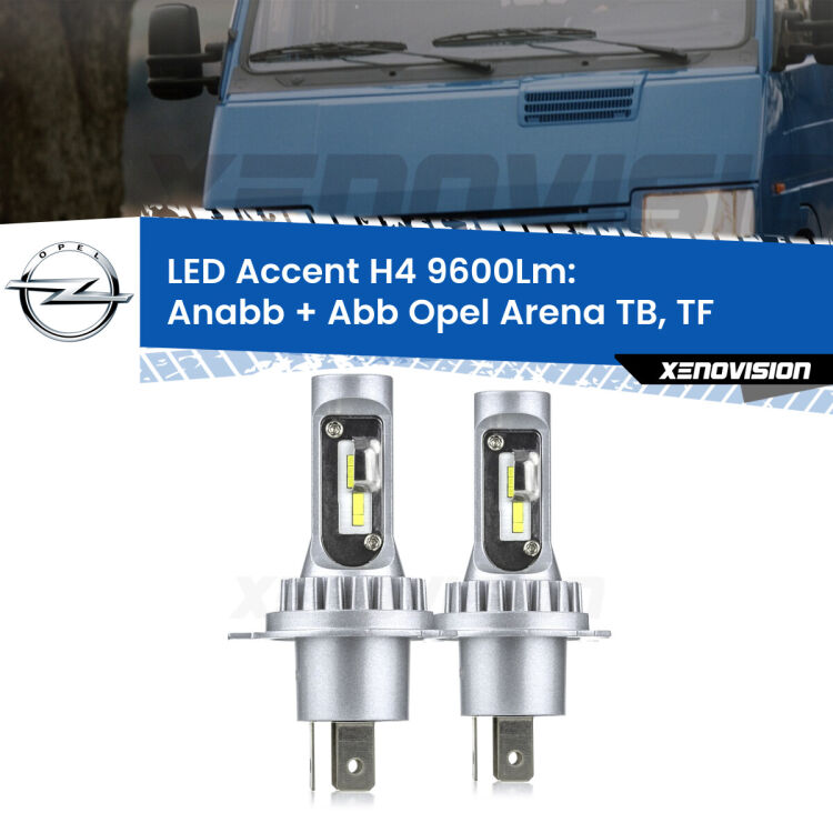 0 Anabbaglianti LED H4 9600Lm per Opel Arena TB, TF 1998 - 2001 <strong>Kit LED per anabbaglianti + abbaglianti Arena</strong> TB, TF 1998 - 2001.</strong> Coppia lampade <strong>H4</strong> doppia intensità senza ventola e ultracompatte per installazioni in fari senza spazi.