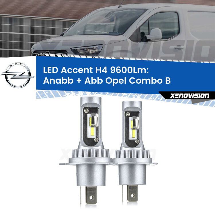 Anabbaglianti LED H4 9600Lm per Opel Combo B  1994 - 2001 <strong>Kit LED per anabbaglianti + abbaglianti Combo B</strong>  1994 - 2001.</strong> Coppia lampade <strong>H4</strong> doppia intensità senza ventola e ultracompatte per installazioni in fari senza spazi.