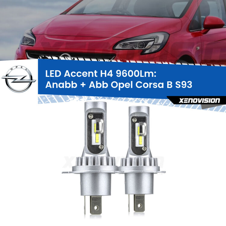 Anabbaglianti LED H4 9600Lm per Opel Corsa B S93 1993 - 2000 <strong>Kit LED per anabbaglianti + abbaglianti Corsa B</strong> S93 1993 - 2000.</strong> Coppia lampade <strong>H4</strong> doppia intensità senza ventola e ultracompatte per installazioni in fari senza spazi.
