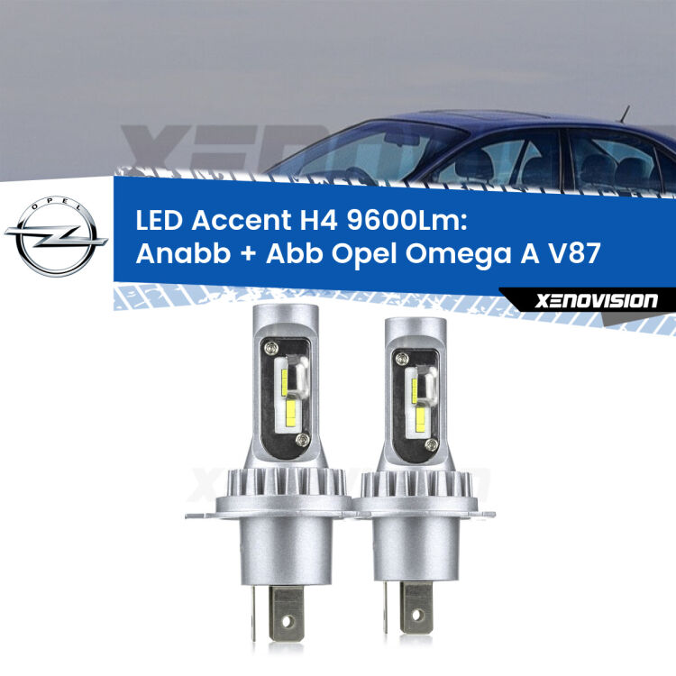 Anabbaglianti LED H4 9600Lm per Opel Omega A V87 1986 - 1994 <strong>Kit LED per anabbaglianti + abbaglianti Omega A</strong> V87 1986 - 1994.</strong> Coppia lampade <strong>H4</strong> doppia intensità senza ventola e ultracompatte per installazioni in fari senza spazi.