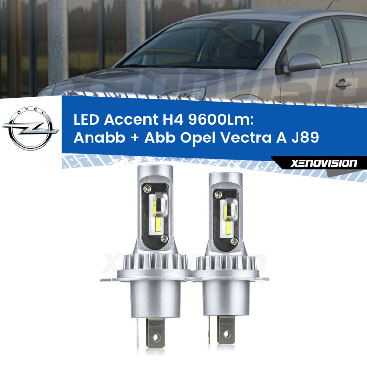Anabbaglianti LED H4 9600Lm per Opel Vectra A J89 1988 - 1995 <strong>Kit LED per anabbaglianti + abbaglianti Vectra A</strong> J89 1988 - 1995.</strong> Coppia lampade <strong>H4</strong> doppia intensità senza ventola e ultracompatte per installazioni in fari senza spazi.