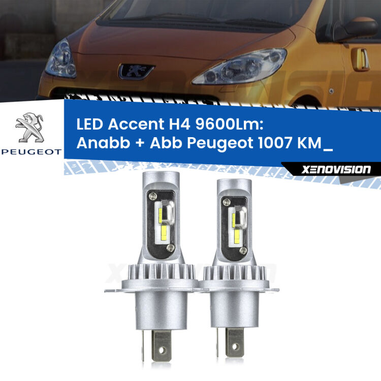 Anabbaglianti LED H4 9600Lm per Peugeot 1007 KM_ 2005 - 2009 <strong>Kit LED per anabbaglianti + abbaglianti 1007</strong> KM_ 2005 - 2009.</strong> Coppia lampade <strong>H4</strong> doppia intensità senza ventola e ultracompatte per installazioni in fari senza spazi.