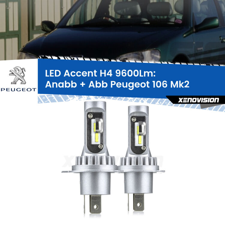 Anabbaglianti LED H4 9600Lm per Peugeot 106 Mk2 1996 - 2004 <strong>Kit LED per anabbaglianti + abbaglianti 106</strong> Mk2 1996 - 2004.</strong> Coppia lampade <strong>H4</strong> doppia intensità senza ventola e ultracompatte per installazioni in fari senza spazi.