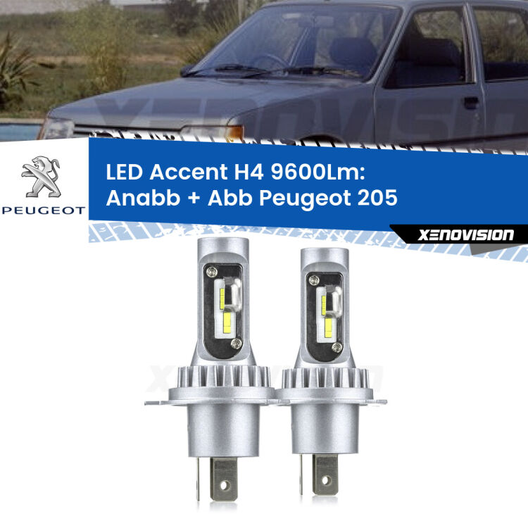 Anabbaglianti LED H4 9600Lm per Peugeot 205 1983 - 1999 <strong>Kit LED per anabbaglianti + abbaglianti 205</strong> 1983 - 1999.</strong> Coppia lampade <strong>H4</strong> doppia intensità senza ventola e ultracompatte per installazioni in fari senza spazi.