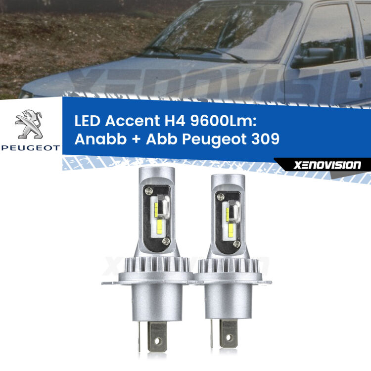 Anabbaglianti LED H4 9600Lm per Peugeot 309 1989 - 1993 <strong>Kit LED per anabbaglianti + abbaglianti 309</strong> 1989 - 1993.</strong> Coppia lampade <strong>H4</strong> doppia intensità senza ventola e ultracompatte per installazioni in fari senza spazi.
