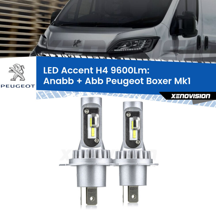 Anabbaglianti LED H4 9600Lm per Peugeot Boxer Mk1 1994 - 2002 <strong>Kit LED per anabbaglianti + abbaglianti Boxer</strong> Mk1 1994 - 2002.</strong> Coppia lampade <strong>H4</strong> doppia intensità senza ventola e ultracompatte per installazioni in fari senza spazi.