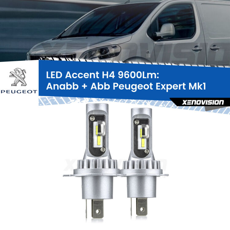 Anabbaglianti LED H4 9600Lm per Peugeot Expert Mk1 1996 - 2006 <strong>Kit LED per anabbaglianti + abbaglianti Expert</strong> Mk1 1996 - 2006.</strong> Coppia lampade <strong>H4</strong> doppia intensità senza ventola e ultracompatte per installazioni in fari senza spazi.