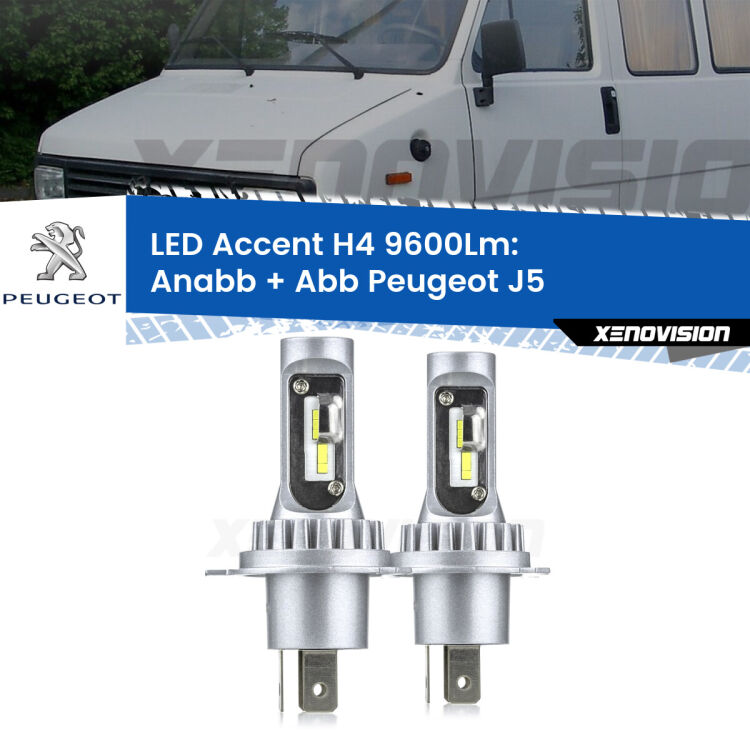 Anabbaglianti LED H4 9600Lm per Peugeot J5 1990 - 1994 <strong>Kit LED per anabbaglianti + abbaglianti J5</strong> 1990 - 1994.</strong> Coppia lampade <strong>H4</strong> doppia intensità senza ventola e ultracompatte per installazioni in fari senza spazi.