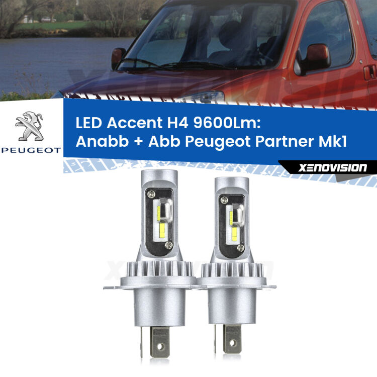 Anabbaglianti LED H4 9600Lm per Peugeot Partner Mk1 1996 - 2007 <strong>Kit LED per anabbaglianti + abbaglianti Partner</strong> Mk1 1996 - 2007.</strong> Coppia lampade <strong>H4</strong> doppia intensità senza ventola e ultracompatte per installazioni in fari senza spazi.