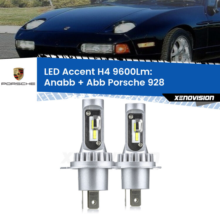 Anabbaglianti LED H4 9600Lm per Porsche 928  1977 - 1995 <strong>Kit LED per anabbaglianti + abbaglianti 928</strong>  1977 - 1995.</strong> Coppia lampade <strong>H4</strong> doppia intensità senza ventola e ultracompatte per installazioni in fari senza spazi.
