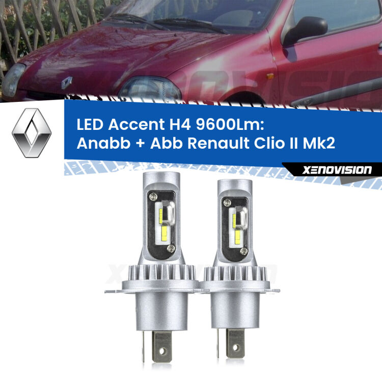 Anabbaglianti LED H4 9600Lm per Renault Clio II Mk2 a parabola singola <strong>Kit LED per anabbaglianti + abbaglianti Clio II</strong> Mk2 a parabola singola.</strong> Coppia lampade <strong>H4</strong> doppia intensità senza ventola e ultracompatte per installazioni in fari senza spazi.