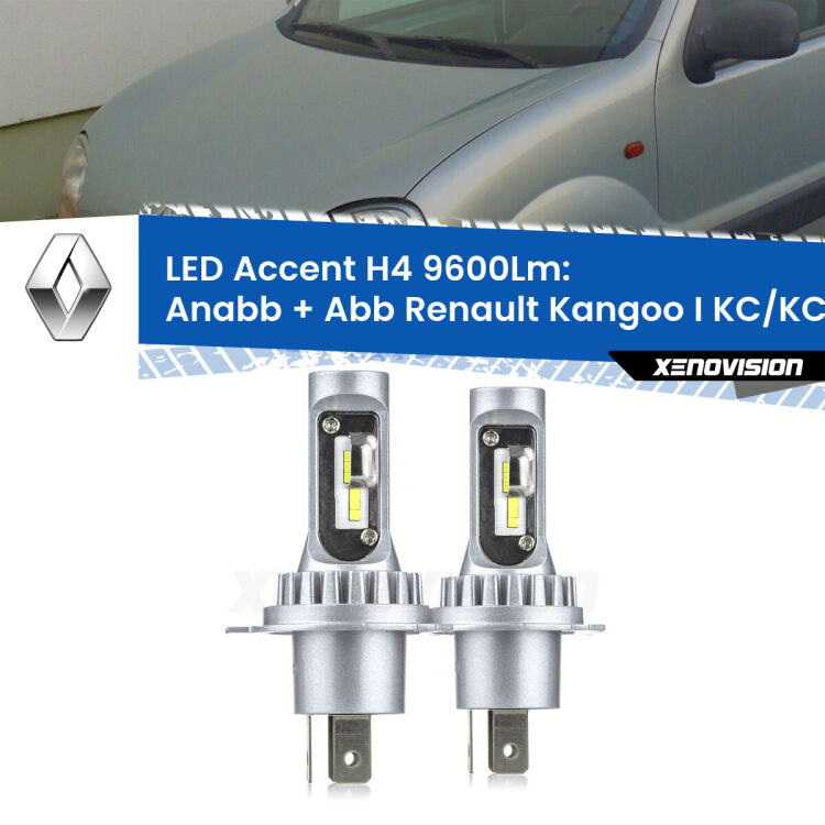 <strong>Kit LED per anabbaglianti + abbaglianti Kangoo I</strong> KC/KC 1997 - 2006.</strong> Coppia lampade <strong>H4</strong> doppia intensità senza ventola e ultracompatte per installazioni in fari senza spazi.