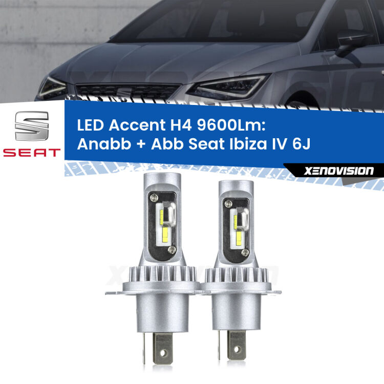 Anabbaglianti LED H4 9600Lm per Seat Ibiza IV 6J a parabola singola <strong>Kit LED per anabbaglianti + abbaglianti Ibiza IV</strong> 6J a parabola singola.</strong> Coppia lampade <strong>H4</strong> doppia intensità senza ventola e ultracompatte per installazioni in fari senza spazi.