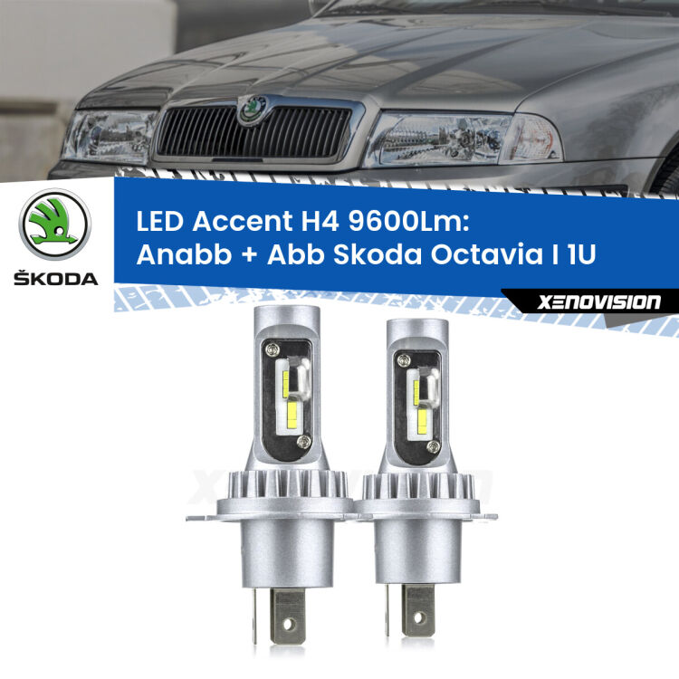 Anabbaglianti LED H4 9600Lm per Skoda Octavia I 1U 1996 - 2010 <strong>Kit LED per anabbaglianti + abbaglianti Octavia I</strong> 1U 1996 - 2010.</strong> Coppia lampade <strong>H4</strong> doppia intensità senza ventola e ultracompatte per installazioni in fari senza spazi.