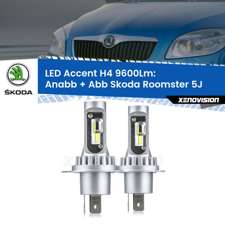 Anabbaglianti LED H4 9600Lm per Skoda Roomster 5J fari a parabola <strong>Kit LED per anabbaglianti + abbaglianti Roomster</strong> 5J fari a parabola.</strong> Coppia lampade <strong>H4</strong> doppia intensità senza ventola e ultracompatte per installazioni in fari senza spazi.