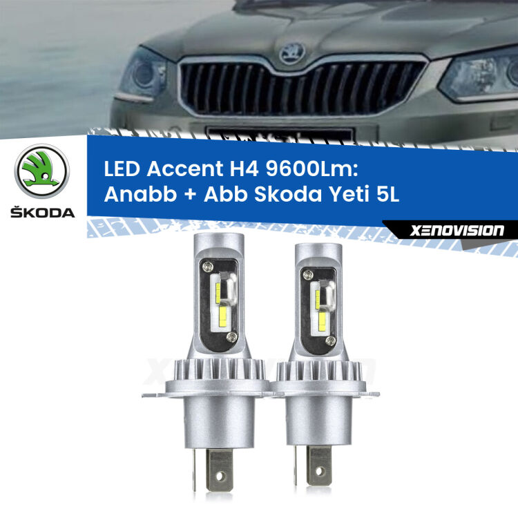 Anabbaglianti LED H4 9600Lm per Skoda Yeti 5L 2009 - 2013 <strong>Kit LED per anabbaglianti + abbaglianti Yeti</strong> 5L 2009 - 2013.</strong> Coppia lampade <strong>H4</strong> doppia intensità senza ventola e ultracompatte per installazioni in fari senza spazi.