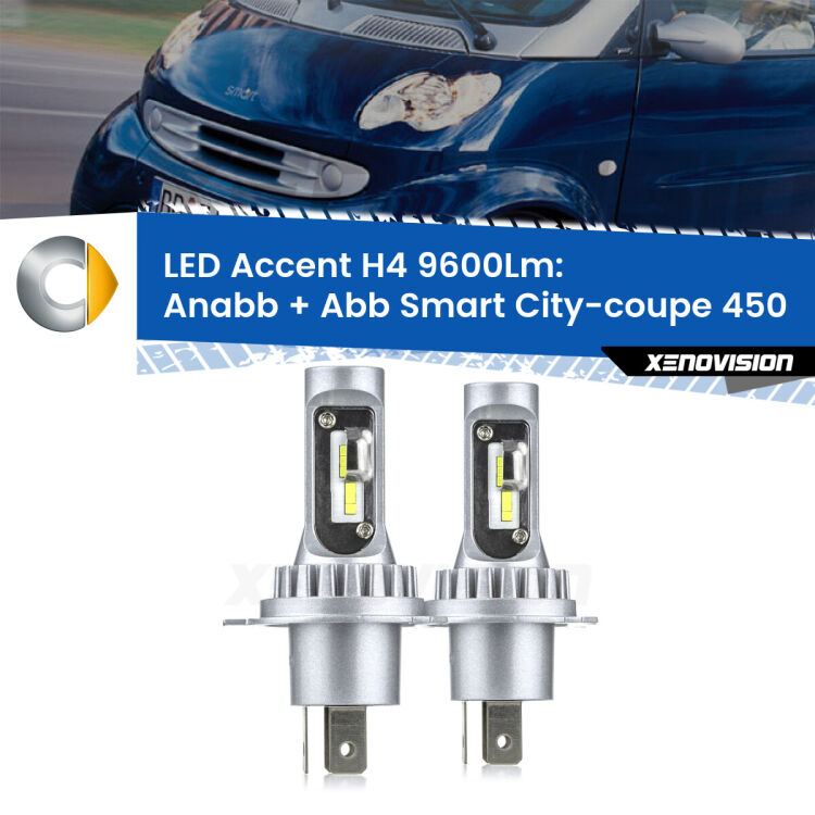 Anabbaglianti LED H4 9600Lm per Smart City-coupe 450 prima serie <strong>Kit LED per anabbaglianti + abbaglianti City-coupe</strong> 450 prima serie.</strong> Coppia lampade <strong>H4</strong> doppia intensità senza ventola e ultracompatte per installazioni in fari senza spazi.