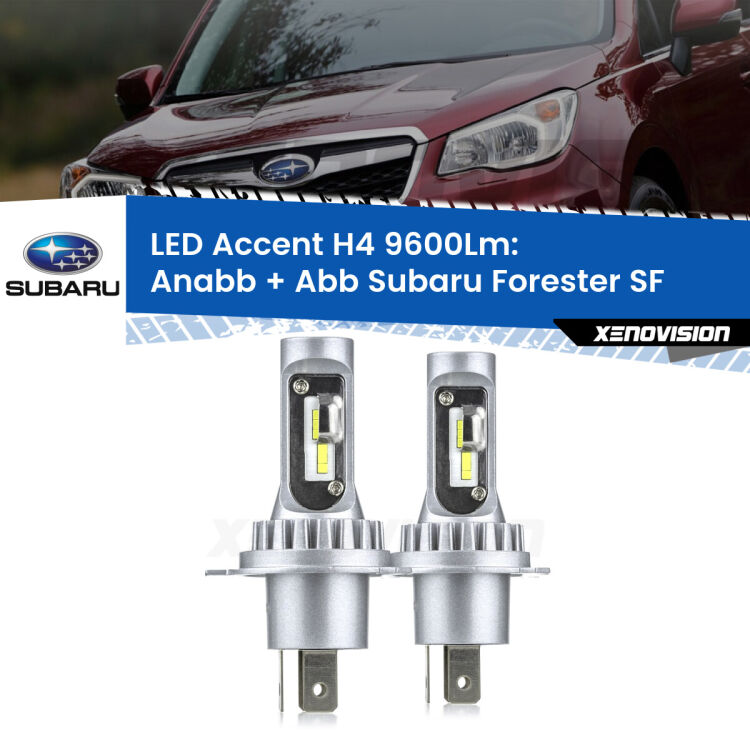 Anabbaglianti LED H4 9600Lm per Subaru Forester SF 1997 - 2002 <strong>Kit LED per anabbaglianti + abbaglianti Forester</strong> SF 1997 - 2002.</strong> Coppia lampade <strong>H4</strong> doppia intensità senza ventola e ultracompatte per installazioni in fari senza spazi.