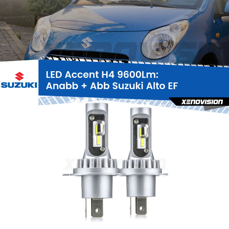 Anabbaglianti LED H4 9600Lm per Suzuki Alto EF 1994 - 2002 <strong>Kit LED per anabbaglianti + abbaglianti Alto</strong> EF 1994 - 2002.</strong> Coppia lampade <strong>H4</strong> doppia intensità senza ventola e ultracompatte per installazioni in fari senza spazi.