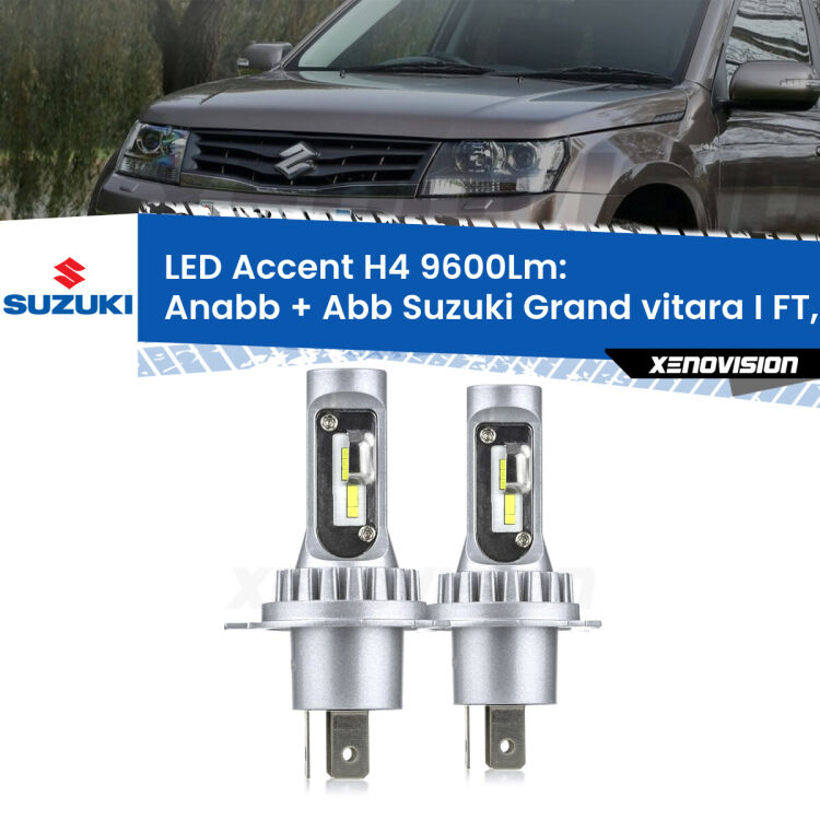 Anabbaglianti LED H4 9600Lm per Suzuki Grand vitara I FT, HT 1998 - 2006 <strong>Kit LED per anabbaglianti + abbaglianti Grand vitara I</strong> FT, HT 1998 - 2006.</strong> Coppia lampade <strong>H4</strong> doppia intensità senza ventola e ultracompatte per installazioni in fari senza spazi.