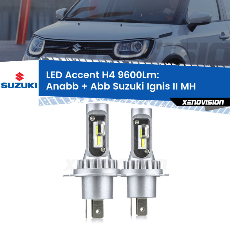 Anabbaglianti LED H4 9600Lm per Suzuki Ignis II MH 2003 - 2008 <strong>Kit LED per anabbaglianti + abbaglianti Ignis II</strong> MH 2003 - 2008.</strong> Coppia lampade <strong>H4</strong> doppia intensità senza ventola e ultracompatte per installazioni in fari senza spazi.